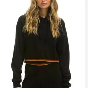 Aviator Nation Black Cropped Hoodie with Rainbow Trim